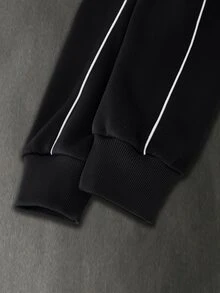 SHEIN 青少年男孩拼色條紋連帽拉鍊運動衫與慢跑褲2件套，休閒運動寬鬆外套與錐形長褲，保暖內裡，時尚街頭風日常穿搭 - 黑色 - 查看 5