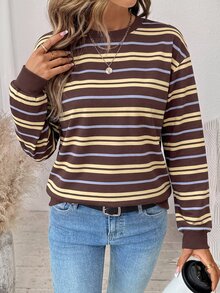 SHEIN LUNE Sweatshirt Lengan Panjang Wanita Motif Garis Cokelat, Kombinasi Warna, Kasual, Serbaguna, untuk Sehari-hari, Siang, Malam, dan Musim Gugur. - MultiWarna - View 3
