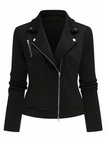 Yalmera Women's Textured Fabric Zip-Up Casual Motorcycle Jacket With Lapel Fall Winter Cloth For Women - Black - View 7