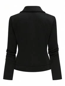 Yalmera Women's Textured Fabric Zip-Up Casual Motorcycle Jacket With Lapel Fall Winter Cloth For Women - Black - View 2