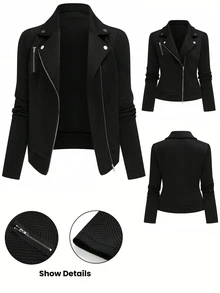 Yalmera Women's Textured Fabric Zip-Up Casual Motorcycle Jacket With Lapel Fall Winter Cloth For Women - Black - View 3