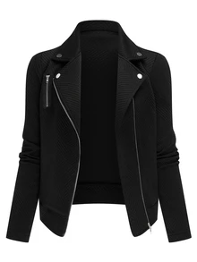 Yalmera Women's Textured Fabric Zip-Up Casual Motorcycle Jacket With Lapel Fall Winter Cloth For Women - Black - View 6
