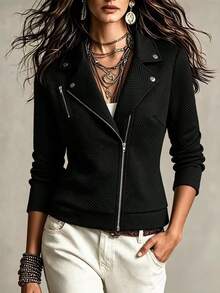 Yalmera Women's Textured Fabric Zip-Up Casual Motorcycle Jacket With Lapel Fall Winter Cloth For Women - Black - View 10