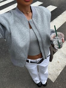 Muchica 女款秋季淺灰色長袖拉鍊休閒街頭棒球/飛行夾克，蝙蝠袖設計，適合上班與機場穿著 - 灰色 - 查看 3