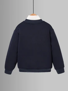 SHEIN 男童燈芯絨抓絨內裡拉鍊棒球夾克填充外套，超高CP值，適合通勤、上學、日常休閒、學院風、旅行、運動，秋冬款 - 寶藍色 - 查看 2