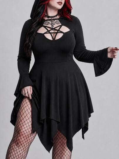Goth Abito con cappuccio gotico scuro taglie forti per donna con design traforato e lacci, orlo asimmetrico, maniche lunghe, per festa di Ognissanti