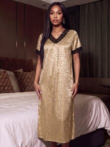 Silforma 蕾絲飾邊豹紋提花仿絲女款睡袍 - 金色 - 查看 6