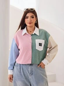 Solflare Chaqueta de mujer talla grande de mezclilla con color de contraste y abotonadura sencilla - Multicolor - Ver 6