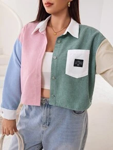 Solflare Chaqueta de mujer talla grande de mezclilla con color de contraste y abotonadura sencilla - Multicolor - Ver 4