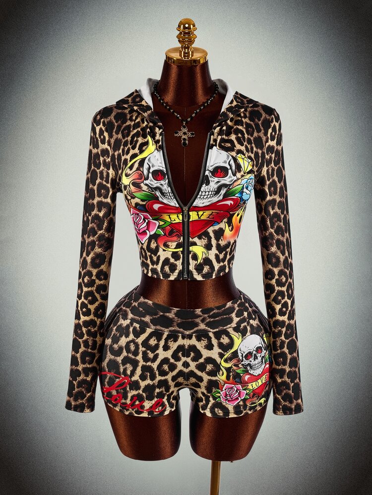 Amplova Women's Leopard Print Skull Sweatshirt 2-Piece Set, Sexy Avant-Garde Vacation Outfit, Cute Mini Long Sleeve Jacket Top With Ultra Low Waist Shorts - Mocha Brown - View 1