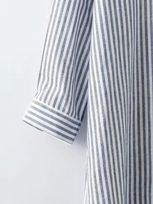 SHEIN LUNE 大尺碼女款藍白馬術印花單排扣休閒襯衫，1960s 90s 風格，百搭日常出行，適合秋季辦公室、學校、大學、社團 - 藍色 - 查看 6