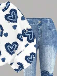 SHEIN 抓絨內裡復古愛心印花Chill Chill女童休閒極簡寬鬆圓領長袖衛衣＋喇叭褲兩件套，適合秋冬街頭復古風，舒適隨性，兒童秋冬疊穿Y2K運動套裝，適合外出與街拍 - 彩色 - 查看 8