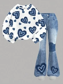 SHEIN 抓絨內裡復古愛心印花Chill Chill女童休閒極簡寬鬆圓領長袖衛衣＋喇叭褲兩件套，適合秋冬街頭復古風，舒適隨性，兒童秋冬疊穿Y2K運動套裝，適合外出與街拍 - 彩色 - 查看 6