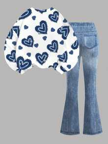 SHEIN 抓絨內裡復古愛心印花Chill Chill女童休閒極簡寬鬆圓領長袖衛衣＋喇叭褲兩件套，適合秋冬街頭復古風，舒適隨性，兒童秋冬疊穿Y2K運動套裝，適合外出與街拍 - 彩色 - 查看 3