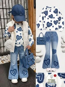 SHEIN 抓絨內裡復古愛心印花Chill Chill女童休閒極簡寬鬆圓領長袖衛衣＋喇叭褲兩件套，適合秋冬街頭復古風，舒適隨性，兒童秋冬疊穿Y2K運動套裝，適合外出與街拍 - 彩色 - 查看 9