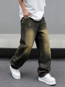 Manfinity EMRG Men's American Brand Vintage Washed Distressed Denim Jeans Loose Wide Leg Versatile Long Pants - Medium Wash - View 7