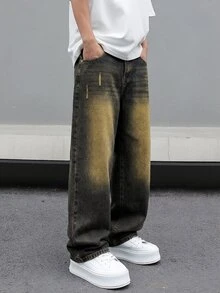 Manfinity EMRG Men's American Brand Vintage Washed Distressed Denim Jeans Loose Wide Leg Versatile Long Pants - Medium Wash - View 5