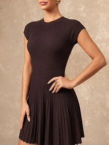 Lumalex Fall Winter Beige Ribbed Mock Neck Cap Sleeve Bodycon Knit Mini Dress With Pleated Skater Hem Daily-To-Gala Versatility Quiet Luxury Meets Party Flair - Coffee Brown - View 9
