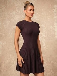 Lumalex Fall Winter Beige Ribbed Mock Neck Cap Sleeve Bodycon Knit Mini Dress With Pleated Skater Hem Daily-To-Gala Versatility Quiet Luxury Meets Party Flair - Coffee Brown - View 8