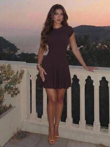 Lumalex Fall Winter Beige Ribbed Mock Neck Cap Sleeve Bodycon Knit Mini Dress With Pleated Skater Hem Daily-To-Gala Versatility Quiet Luxury Meets Party Flair - Coffee Brown - View 3