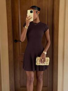 Lumalex Fall Winter Beige Ribbed Mock Neck Cap Sleeve Bodycon Knit Mini Dress With Pleated Skater Hem Daily-To-Gala Versatility Quiet Luxury Meets Party Flair - Coffee Brown - View 2