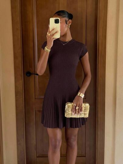 Lumalex Fall Winter Beige Ribbed Mock Neck Cap Sleeve Bodycon Knit Mini Dress With Pleated Skater Hem Daily-To-Gala Versatility Quiet Luxury Meets Party Flair
