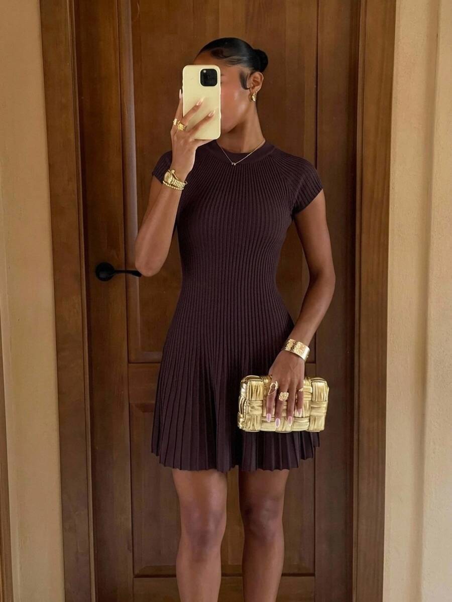 Lumalex Fall Winter Beige Ribbed Mock Neck Cap Sleeve Bodycon Knit Mini Dress With Pleated Skater Hem Daily-To-Gala Versatility Quiet Luxury Meets Party Flair