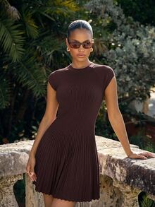Lumalex Fall Winter Beige Ribbed Mock Neck Cap Sleeve Bodycon Knit Mini Dress With Pleated Skater Hem Daily-To-Gala Versatility Quiet Luxury Meets Party Flair - Coffee Brown - View 10