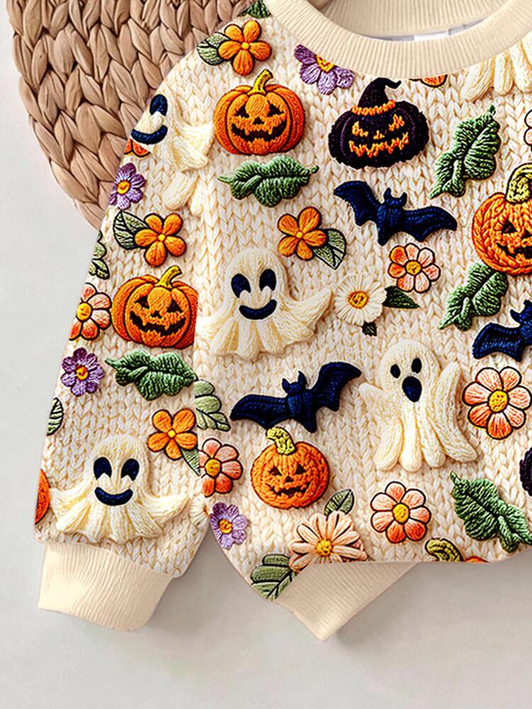 Halloween, Baby Girl Casual Simple Cute Textured Halloween Ghost, Pumpkin, Bat Pattern, Pumpkin Color, Loose Round Neck Sweatshirt Elastic Waist Long Pants Set Suitable For Autumn/Winter Looks Of Party, Fall, Winter, Kawaii, - Multicolor - View 6