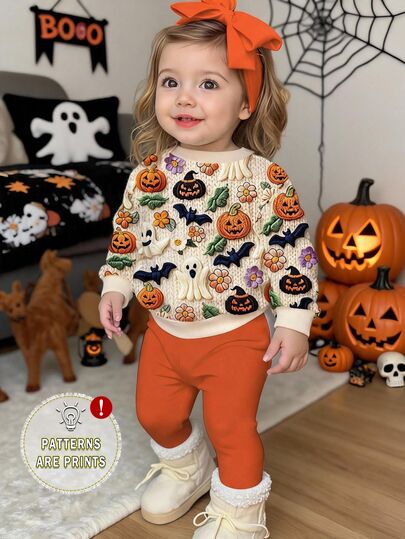 Halloween, Baby Girl Casual Simple Cute Textured Halloween Ghost, Pumpkin, Bat Pattern, Pumpkin Color, Loose Round Neck Sweatshirt Elastic Waist Long Pants Set Suitable For Autumn/Winter Looks Of Party, Fall, Winter, Kawaii,