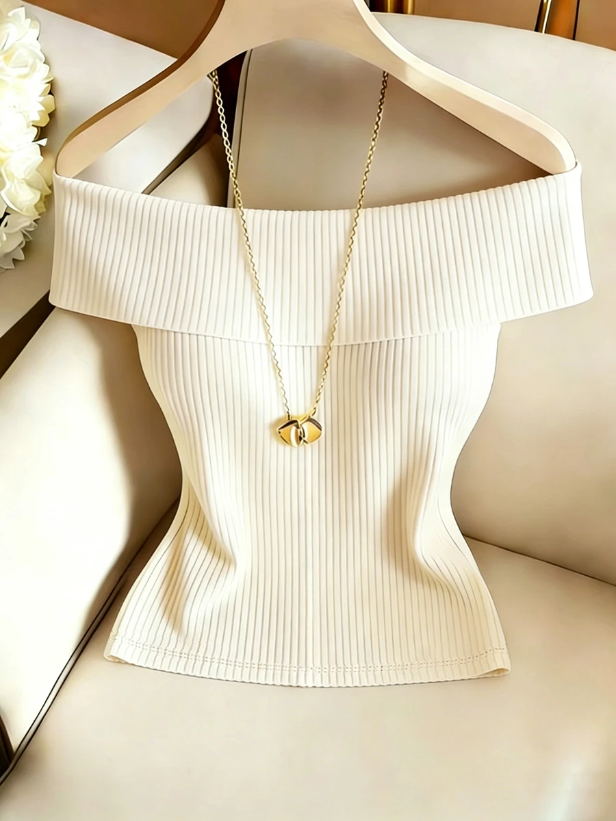 SHEIN Franclia 优雅度假休闲女式上衣,露肩基础款衬衫,舒适针织罗纹面料,适合春、夏、秋、冬四季穿着,百搭外套,约会和度假装扮 - 杏色 - 查看 1