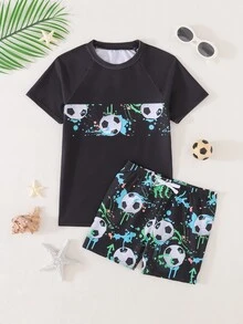 SHEIN 青少年男孩黑色夏季休閒海灘足球印花泳裝套裝，圓領短袖T恤與短褲 - 彩色 - 查看 2