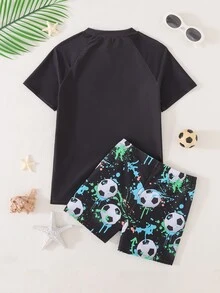 SHEIN 青少年男孩黑色夏季休閒海灘足球印花泳裝套裝，圓領短袖T恤與短褲 - 彩色 - 查看 5