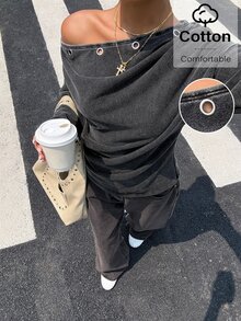 Muchica 女款黑色長袖運動衫 – 95%棉，露肩設計搭配鏤空細節 – 休閒百搭，適合日常穿著 - 黑色 - 查看 4