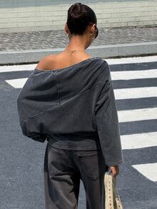 Muchica 女款黑色長袖運動衫 – 95%棉，露肩設計搭配鏤空細節 – 休閒百搭，適合日常穿著 - 黑色 - 查看 2