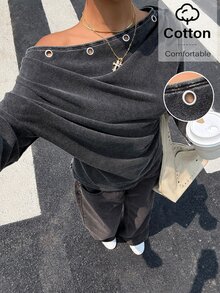 Muchica 女款黑色長袖運動衫 – 95%棉，露肩設計搭配鏤空細節 – 休閒百搭，適合日常穿著 - 黑色 - 查看 5