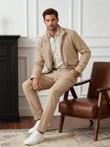 Core Aspect Men's Solid Color Zip-Up Jacket And Drawstring Pants Two Pieces Set, Brown Autumn Casual Loose Smart Holiday Commuter Outfit Office Vacation - Khaki - View 5
