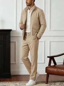 Core Aspect Men's Solid Color Zip-Up Jacket And Drawstring Pants Two Pieces Set, Brown Autumn Casual Loose Smart Holiday Commuter Outfit Office Vacation - Khaki - View 4