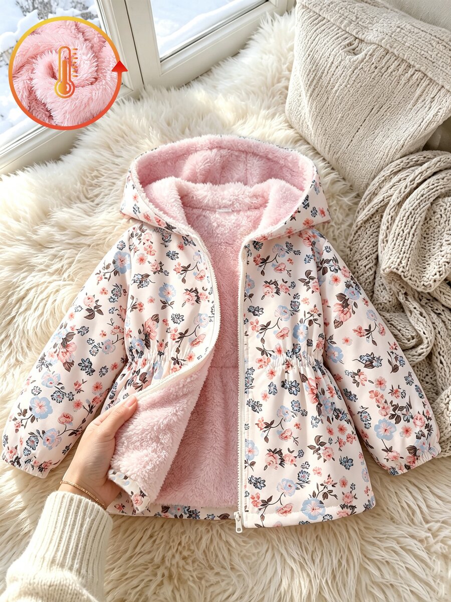 SHEIN 女童可愛印花保暖內裡加厚拉鍊外套，秋冬款，杏色花卉配粉色人造毛，簡約可愛穿搭，適合上學、外出與玩耍