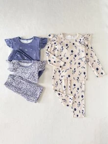 SHEIN Playful Pals 6件套女童圆领长袖长裤碎花休闲套装，韩版时尚可爱柔软抓绒玫瑰花印花罗纹加厚套装，适合春、秋、冬日常穿着或居家休闲。 - 彩色 - 查看 7
