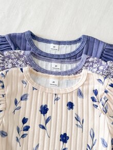 SHEIN Playful Pals 6件套女童圆领长袖长裤碎花休闲套装，韩版时尚可爱柔软抓绒玫瑰花印花罗纹加厚套装，适合春、秋、冬日常穿着或居家休闲。 - 彩色 - 查看 4