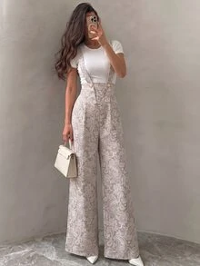 Celisse 女款優雅蕾絲圖案秋冬露背長褲，適合聖誕節、萬聖節及派對場合 - 白色 - 查看 1