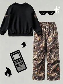 2件組小男孩街頭風休閒套裝，黑色與棕色迷彩星星印花長袖寬鬆上衣＋長褲，秋季返校校園穿搭 - 彩色 - 查看 2