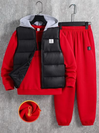 SHEIN Kids 3pcs/Set Tween Boy Casual Back-To-School Red And Black Outfit,Letter Print Crew Neck Sweatshirt,Knit Winter Pants, Padded Vest,Thick For Autumn