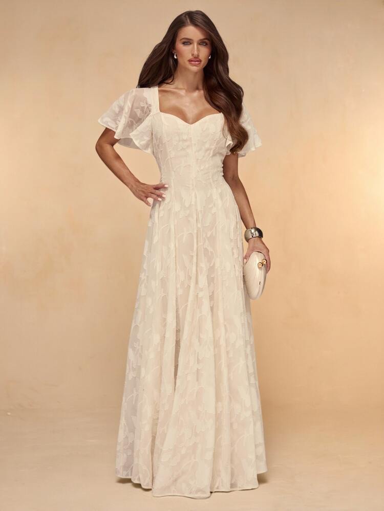 SHEIN BAE Gaun Maxi Model A-Line Berpotongan A-Line dengan Lengan Berkerut dan Potongan Jacquard Tekstur Aprikot Polos untuk Musim Gugur/Dingin - Aprikot - View 4