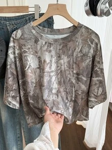 Comfortcana Summer Snow Wash Plus Size Short Sleeve T-Shirt Vacation Brown - Multicolor - View 10