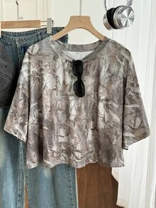 Comfortcana Summer Snow Wash Plus Size Short Sleeve T-Shirt Vacation Brown - Multicolor - View 7