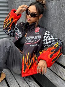 SHEIN ICON Women's Bikercore Fire & Letter Pattern Padded Coat, Long Sleeve, Streetwear Motorcycle Chic Commuter, Autumn/Winter - Multicolor - View 5