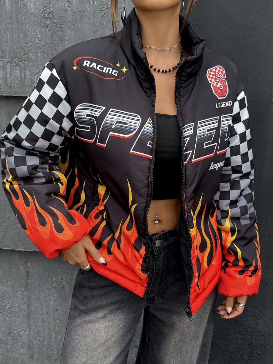 SHEIN ICON Women's Bikercore Fire & Letter Pattern Padded Coat, Long Sleeve, Streetwear Motorcycle Chic Commuter, Autumn/Winter - Multicolor - View 1