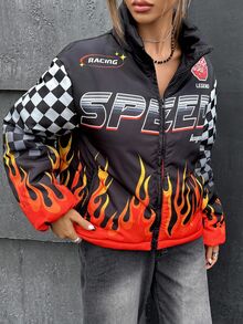 SHEIN ICON Women's Bikercore Fire & Letter Pattern Padded Coat, Long Sleeve, Streetwear Motorcycle Chic Commuter, Autumn/Winter - Multicolor - View 6
